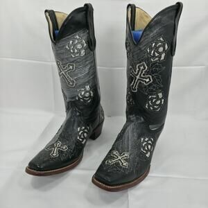 Ferrini Womens Cowboy Boots Size 9 B Black Leather Cross Rose Gothic Western